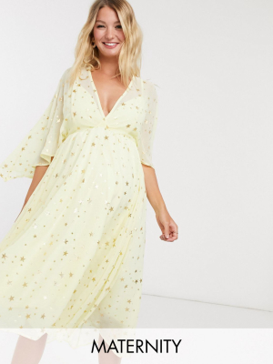 Queen Bee Maternity Plunge Front Batwing Maxi Dress In Yellow Star Print