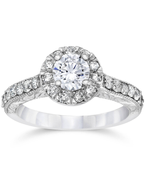 Pompeii3 3/4ct Vintage Halo Diamond Engagement Ring 14k White Gold