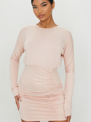 Nude Ruched Skirt Detail Long Sleeve Bodycon Dress