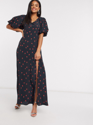 Never Fully Dressed Valentina Puff Sleeve Maxi Dress With High Thigh Split In Black Floral Print