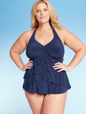 Women's Plus Size Ruffle Halter Tankini Top - Aqua Green®