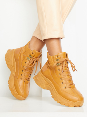 Sand Suede Contrast Pu Croc Lace Up Hiker Boots