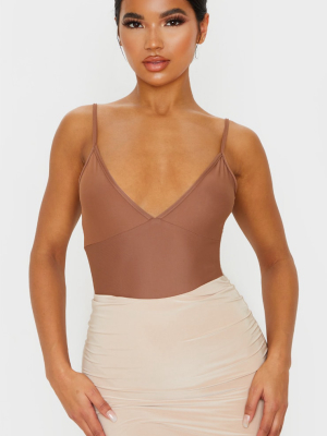 Mocha Stretch Slinky Cup Detail Strappy Bodysuit