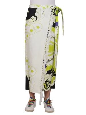 Valentino Floral Printed Fringed Sarong Skirt