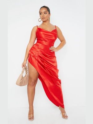 Shape Red Satin Cowl Side Split Ruched Maxi Dress