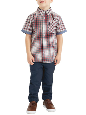 Boys' Red/blue Short-sleeve Button-down Shirt & Navy Pant Set (sizes 4-7)