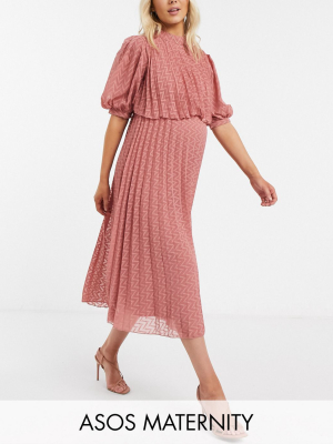 Asos Design Maternity High Neck Pleated Double Layer Midi Dress In Chevron Dobby In Tea Rose