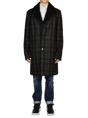 Saint Laurent Checked Fur Detail Coat