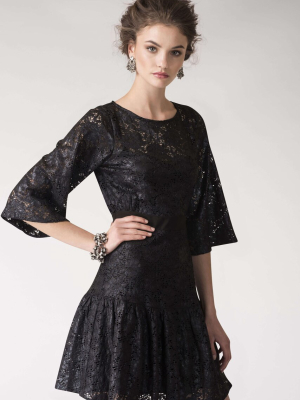 Black Metallic Lace Frill Hem Dress