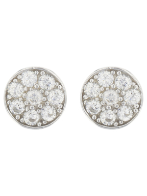 Button Earrings Sterling Cubic Zirconia Disc - Silver/clear