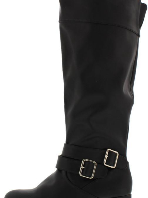 Plateau67a Black Double Buckle Suede Knee High Boot