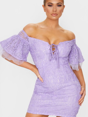 Lilac Embroidered Frill Sleeve Lace Up Bodycon...