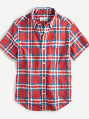 Boys' Short-sleeve Shirt In Textured Red Plaid