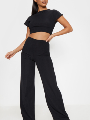 Petite Black Ribbed Wide Leg Pants