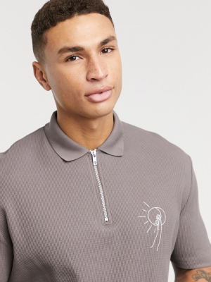 Asos Design Waffle Polo With Zip Neck And Chest Embroidery