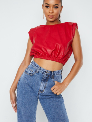 Red Pu Shoulder Pad Ruched Hem Crop Top