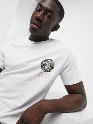 Asos Design Short Sleeve T-shirt With Chest Dragon Print In White