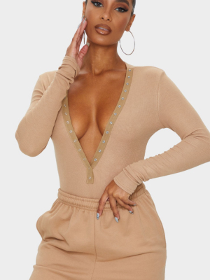 Sand Soft Rib Popper Detail Long Sleeve Bodysuit