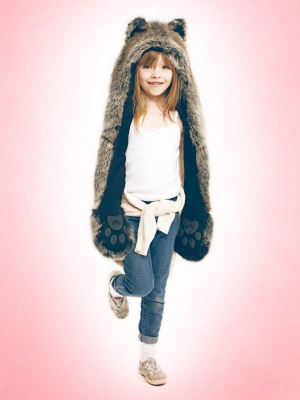 Kids Grey Wolf Faux Fur Spirithood