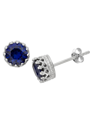 6mm Round-cut Sapphire Crown Earrings In Sterling Silver