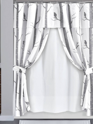 16pc Bird On The Tree Shower Curtain With Peva Lining/ring Set Gray - Lush Décor