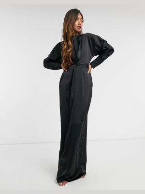 Asos Design Maxi Dress With Batwing Sleeve And Wrap Waist In Satin