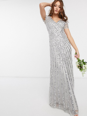 Maya Bridesmaid Plunge Front All Over Embellished Maxi Dress In Silver