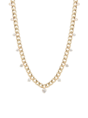 14k Medium Curb Chain Necklace With Graduated Prong Diamonds