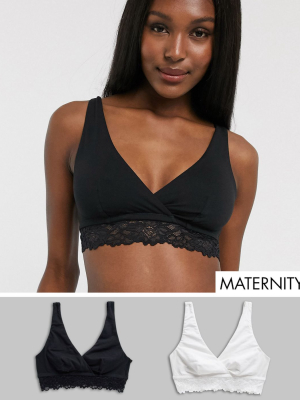 New Look Maternity 2 Pack Cotton Sleeping Bra In Black Lace Trim