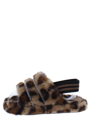 Marguax Leopard Rhinestone Faux Fur Slingback Kids Sandal