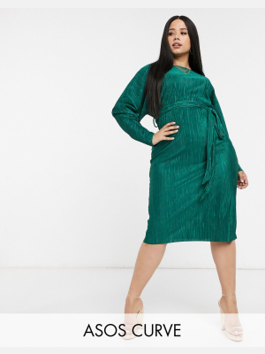 Asos Design Curve Exclusive Plisse Batwing Wrap Midi Dress With Self Tie Belt In Green