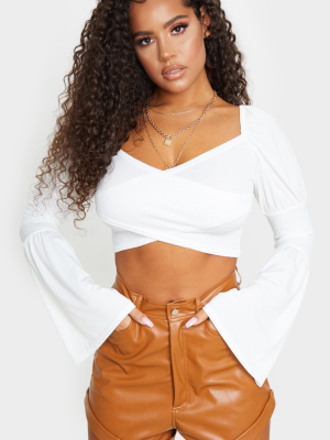 White Shirred Long Sleeve Crop Top