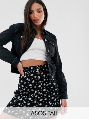 Asos Design Tall Denim Shrunken Jacket In Washed Black