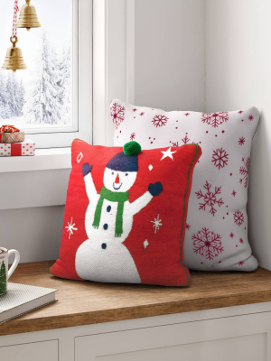 Holiday Woven Chenille Snowman Square Throw Pillow Red - Wondershop™