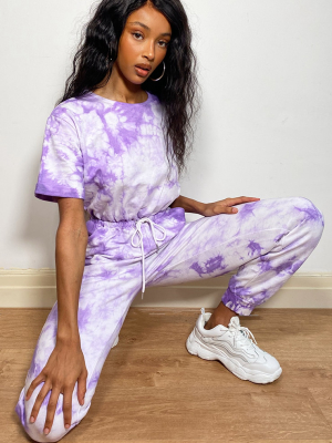 Violet Tie Dye Short Sleeve Sweat Jumpsuit