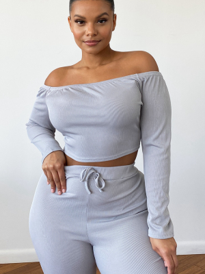 Plus Grey Ribbed Bardot Long Sleeve Crop Top