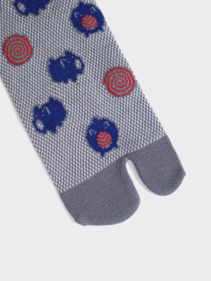 Tabi Ankle Socks, Grey With Blue Pig (m/l)