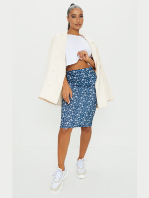 Navy Ditsy Floral Midi Skirt