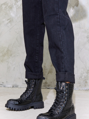 Black Patent Pu Croc Ridged Sole Lace Up Boots