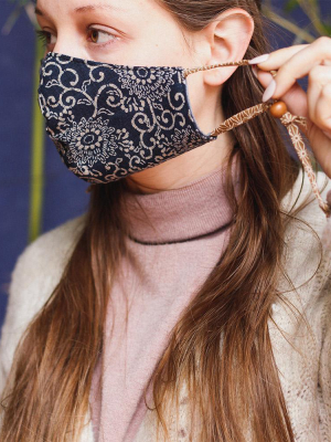 Face Mask, Indigo Small Kiku (adjustable Cord)