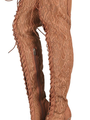 Sunlight01 Mocha Lace Thigh High Lace Up Boot