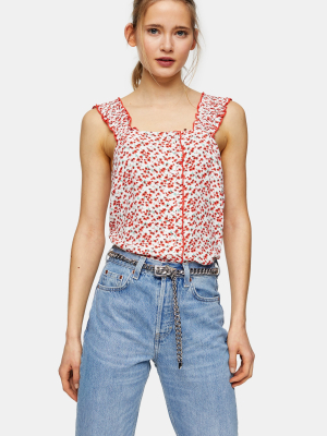 Ivory And Red Ditsy Print Button Cami