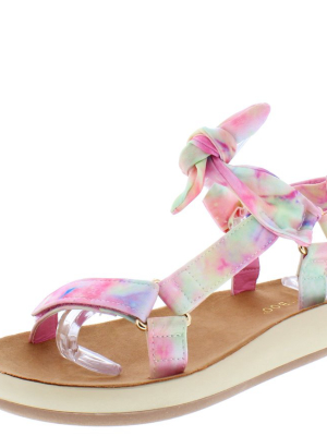 Earthbound08 Pink Tie Dye Multi Strap Open Toe Flat Wedge