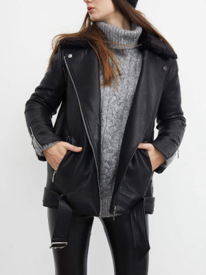 Sleek Black Leather Oversized Jacket