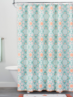 Medallion Print With Pom Fringe Shower Curtain Green/orange - Opalhouse™