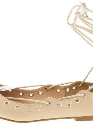 Rodeo1 Nude Nubuck Lace Up Eyelet Detailing Flat