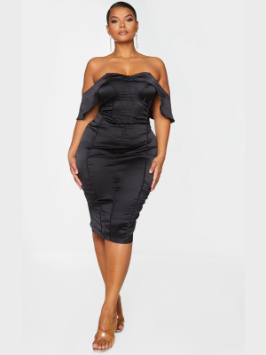 Plus Black Satin Corset Detail Bardot Midi Dress