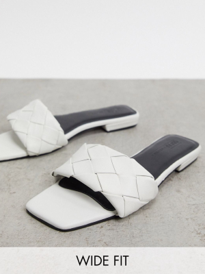 Asos Design Wide Fit Fazed Leather Quilted Flat Sandals In White