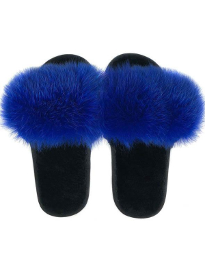 The Soho Fox Fur And Shearling Slipper In Dark Blue