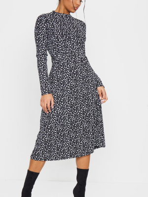 Black Dalmatian Print Long Sleeve Rib Midi Dress